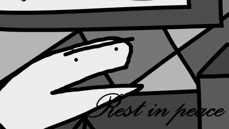 The strawman from the first video, text is in the bottom right corner saying 'Rest in piece'